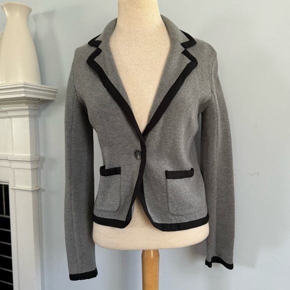 LOFT gray cotton tipped cardigan sweater with blazer look, heather gray & black - Picture 3 of 13